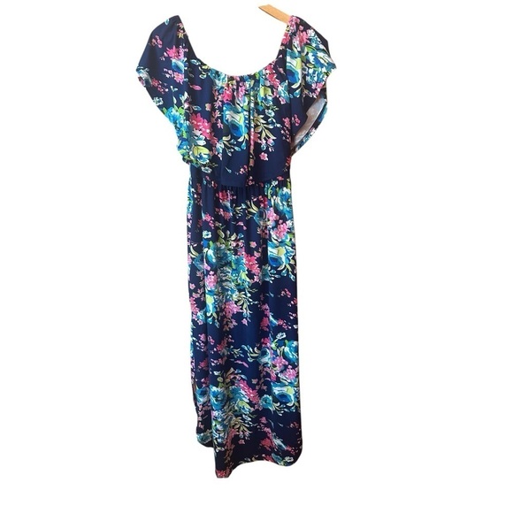 Verabendi Sleeveless Off Shoulder Navy Floral Print Maxi Dress Side Slit M - Picture 6 of 6